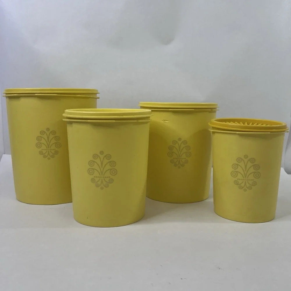 4 Piece Yellow Servalier Tupperware Nesting Canisters Set w Lids 805 807 809 811